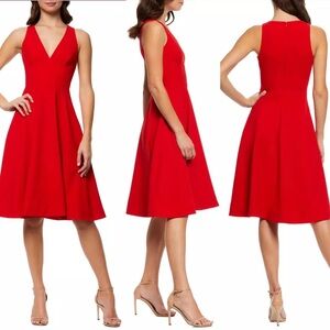Dress the Population Catalina Rouge Red Fit & Flare Crepe Dress Size Medium